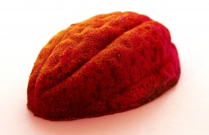 A cocoa pod shaped truffle with a chili lime flavored filling.